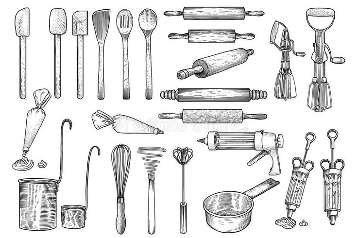 hand drawn kitchen utensils and cooking tools