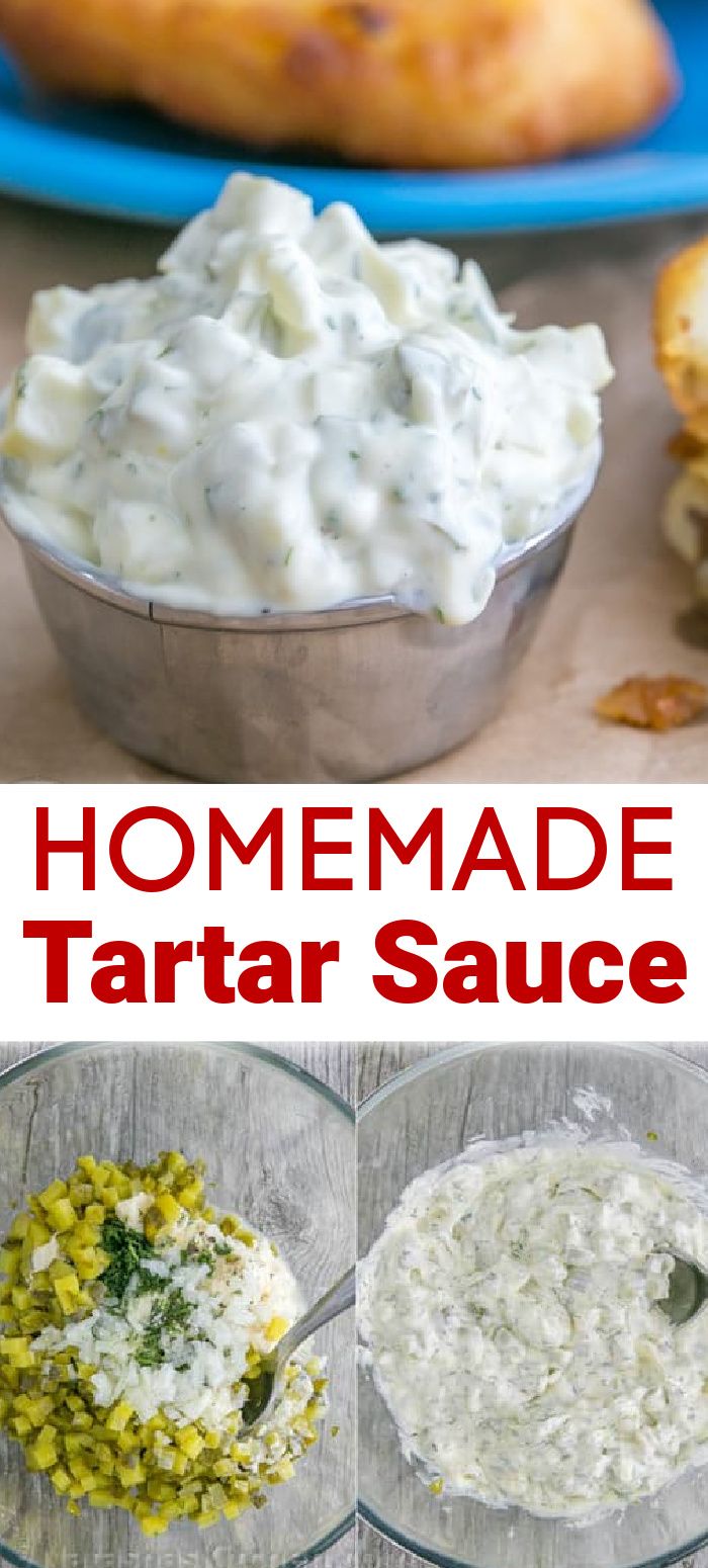 homemade tartar sauce in a metal bowl