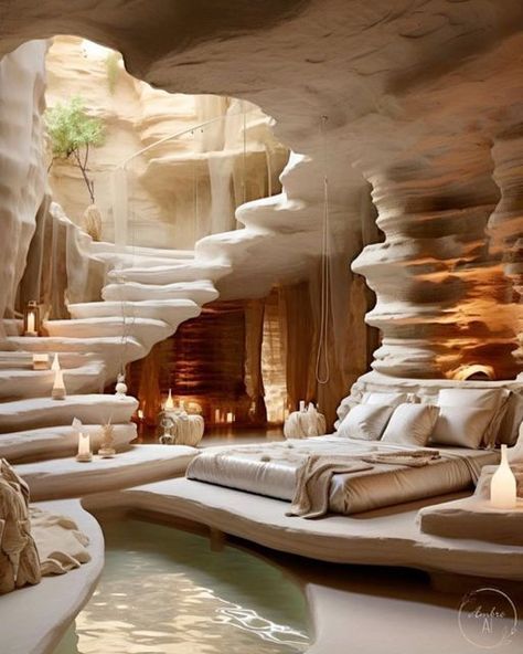 a bed sitting in the middle of a room next to a cave filled with water