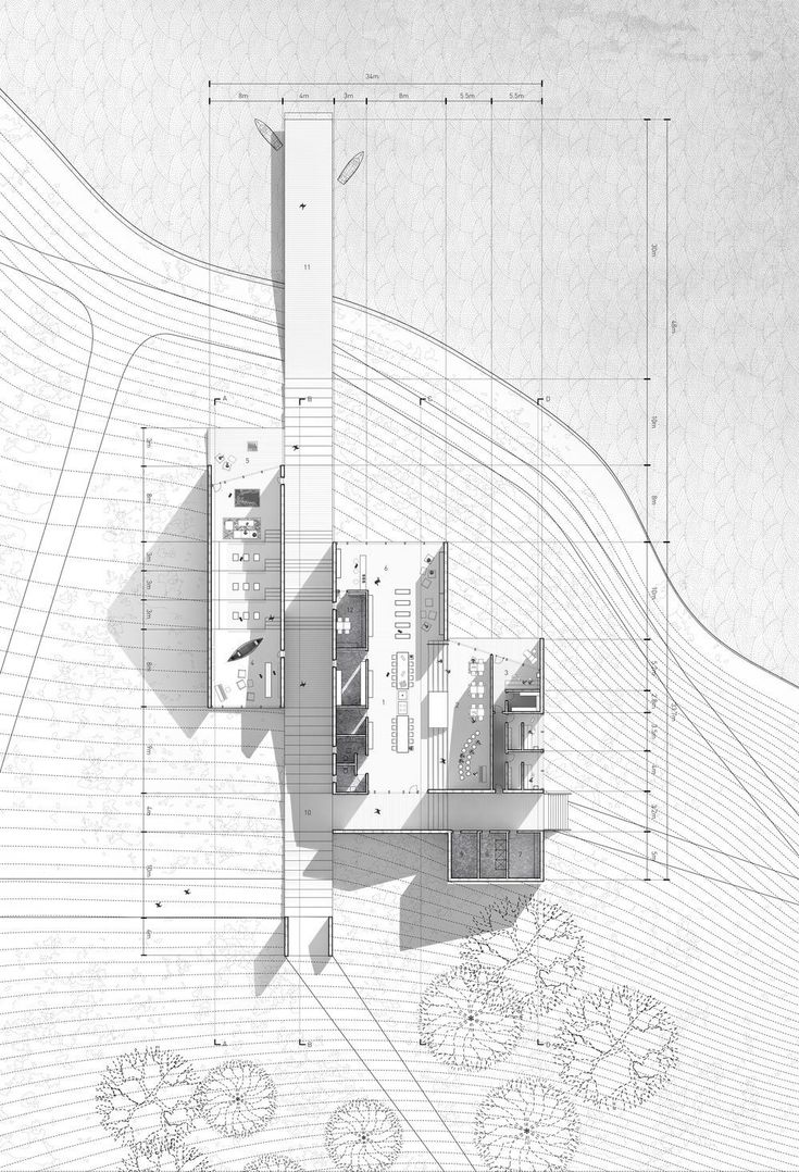 an architectural drawing shows the plan for a house on top of a hill, with several floors