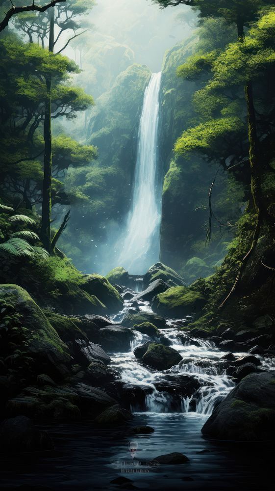 a painting of a waterfall in the woods