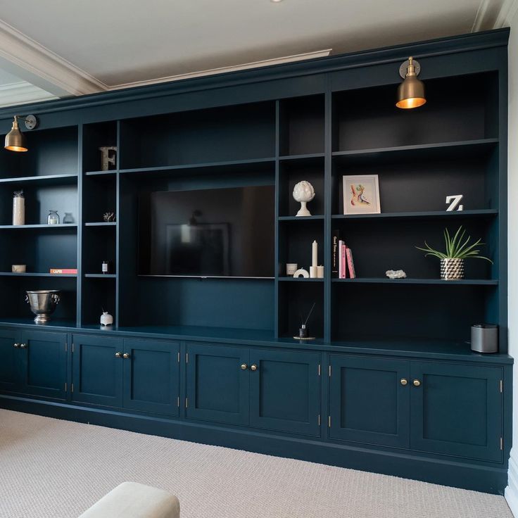 a living room filled with lots of blue bookshelves