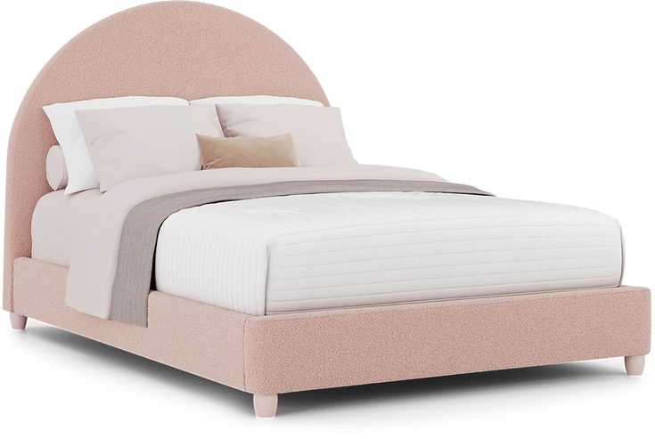 a pink bed with white sheets and pillows on it's headboard, in front of a white background