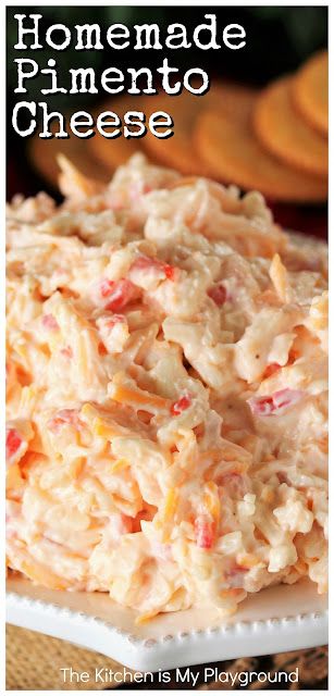 a close up of a plate of food with the words homemade pimentoo cheese on it