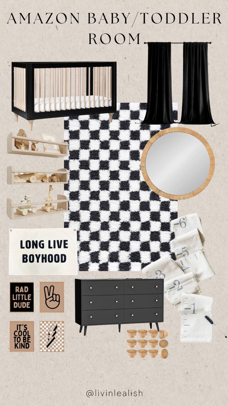 an image of a baby's room with black and white decor