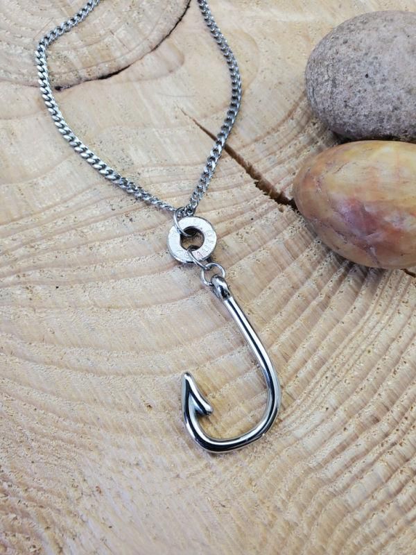 Fishing Necklace - Bullet Necklace - Unisex Stainless Steel Hooked on Fishing/Shooting Necklace-Men's Necklaces-SureShot Jewelry Fishing Necklace, Shell Creations, Bullet Necklace, Wire Wrapped Jewelry Diy, Country Stuff, Fish Necklace, Tactical Clothing, Wrapped Jewelry, Girl Stuff