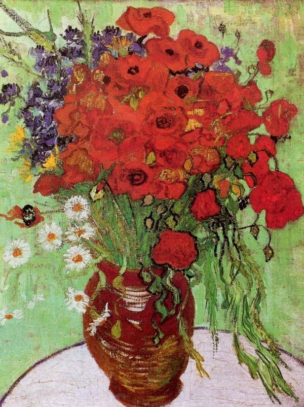 a painting of flowers in a vase on a table