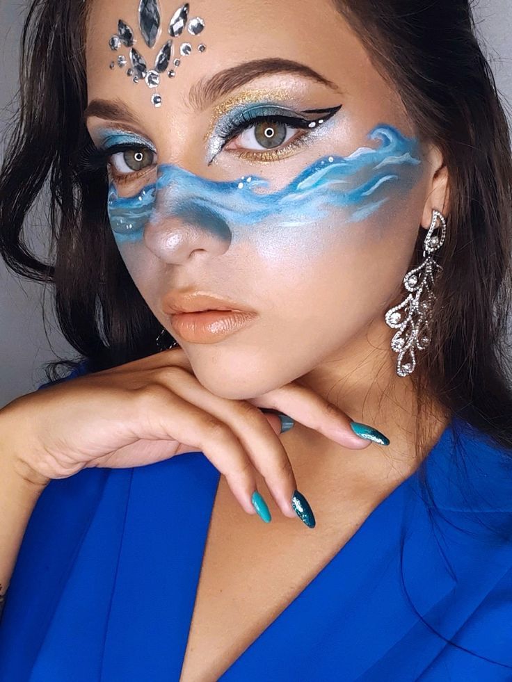 Poseidon Makeup, Water Costume Ideas, Water Makeup Look, Water Inspired Makeup, Water Makeup Looks, Shark Makeup, Ocean Makeup, Wave Makeup, Dragon Makeup