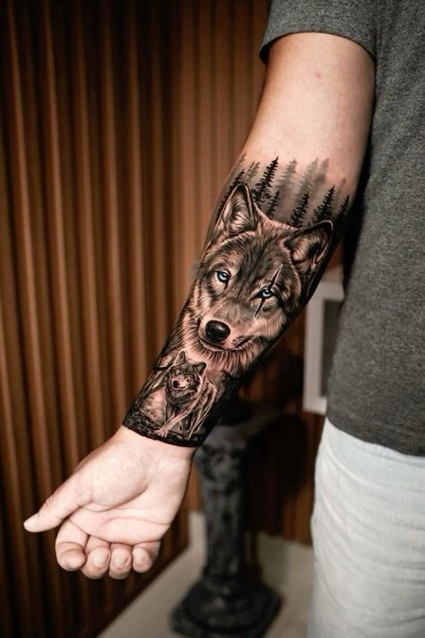 a man with a wolf tattoo on his arm