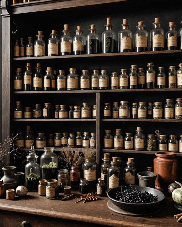 an old wooden shelf filled with lots of bottles and spices on it's sides