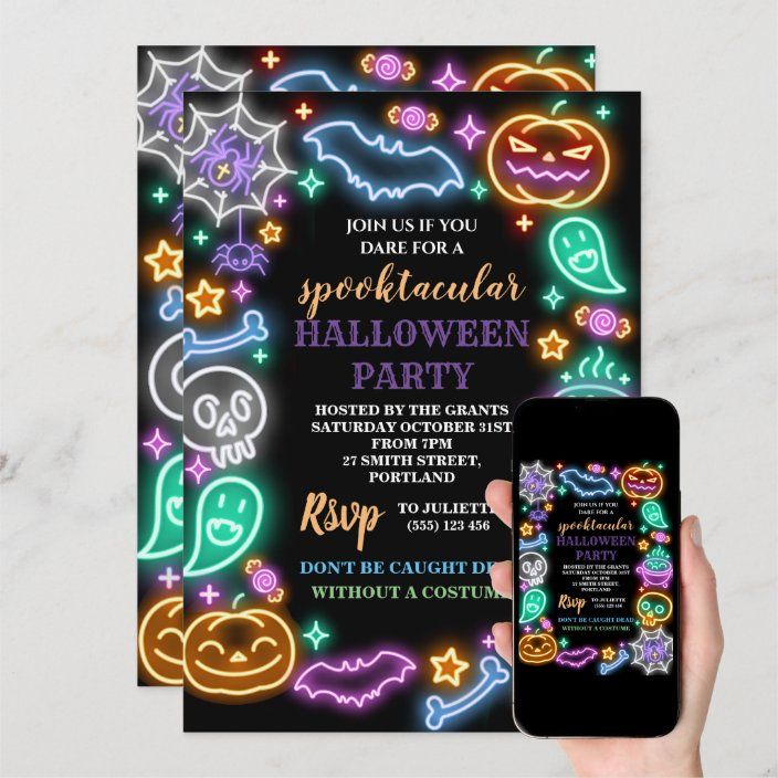 Neon Halloween Party, Halloween Movie Night Party, Halloween Invitaciones, Mexican Invitations, Halloween Invitation Template, Halloween Birthday Party Invitations, Neon Halloween, Halloween Party Flyer, Superhero Birthday Invitations