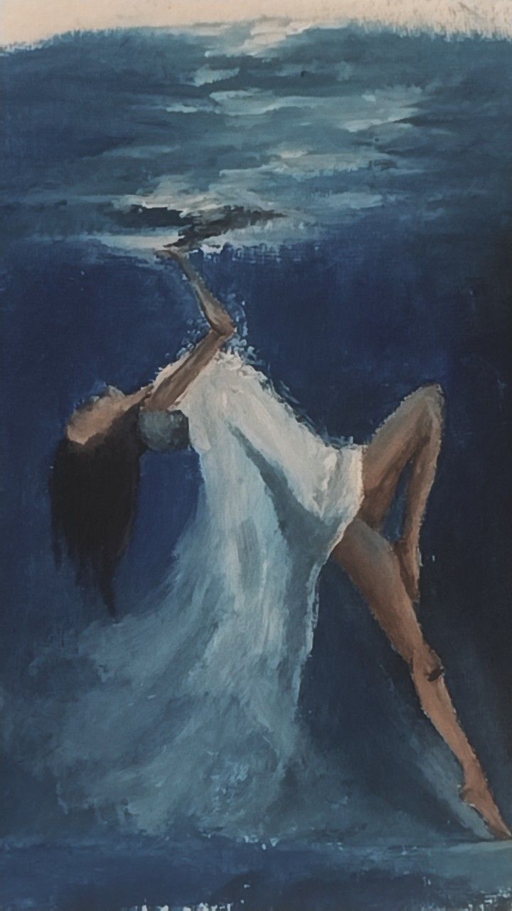 a painting of a woman floating in the ocean with her arms stretched out and legs spread wide