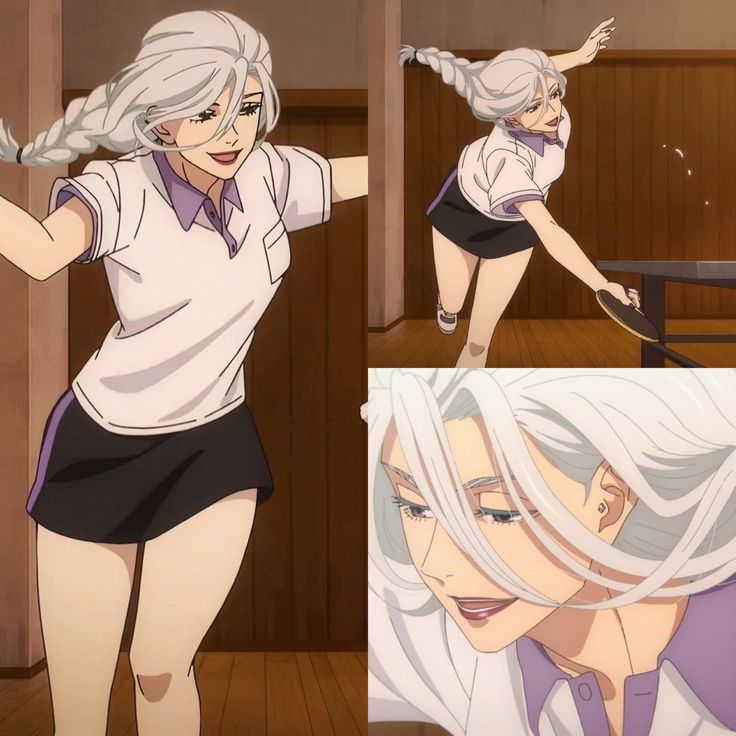 an anime character with long white hair and black shorts is posing in front of a table