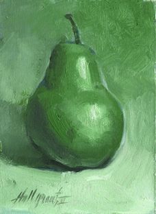 an oil painting of a green pear