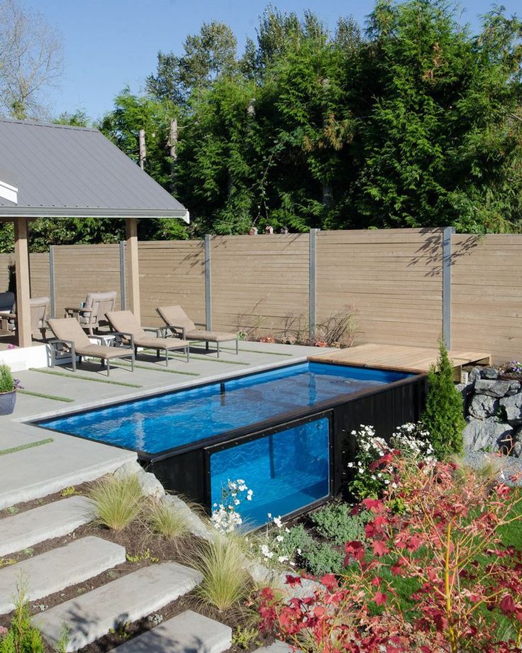 a backyard with a swimming pool surrounded by landscaping