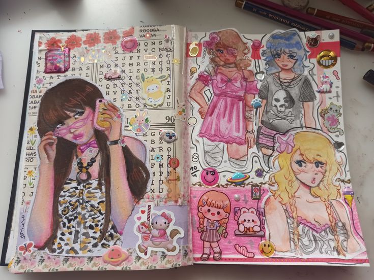 Drawing Pages Aesthetic, Collage Art Sketchbook, Sketchbook Art Inspiration Colorful, Sketchbook Character Spread, Art Spreads Sketchbook, Sketchbook Inspo Page, Colorful Sketchbook Pages, Sketchbook Art Journal Colorful, Character Page Sketchbook