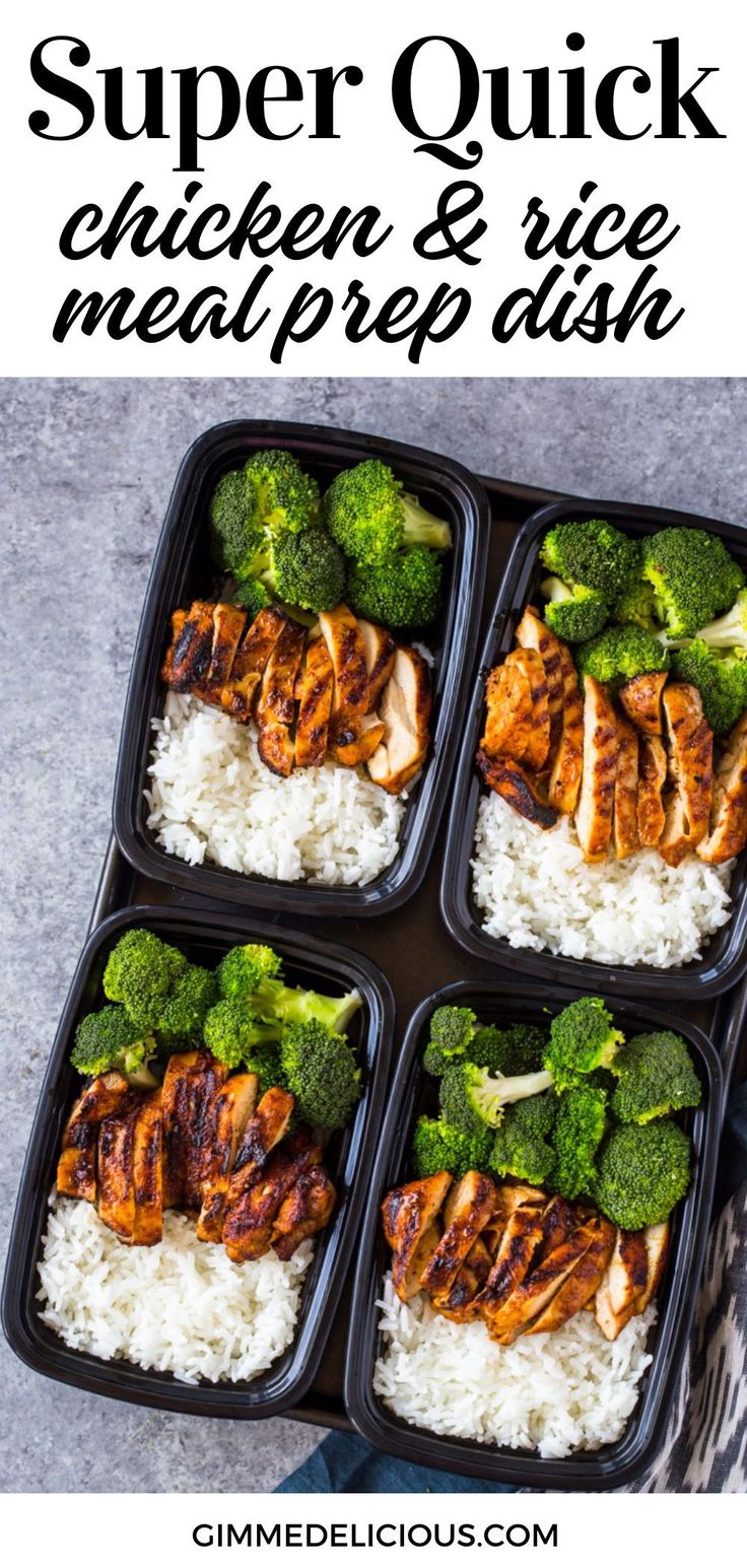 chicken and rice meal with broccoli on the side in black plastic trays