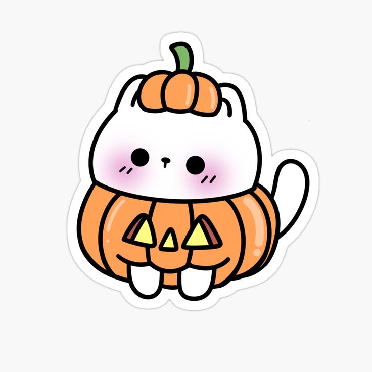 a white cat wearing a pumpkin costume sticker