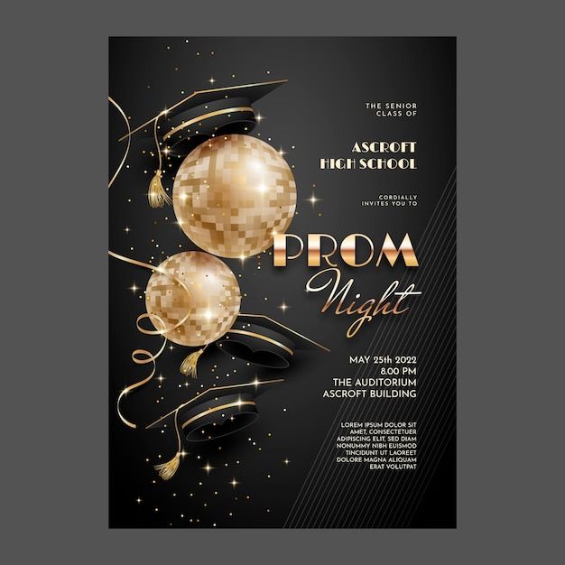 a flyer for prom night with shiny balls and streamers on black background, in gold foil