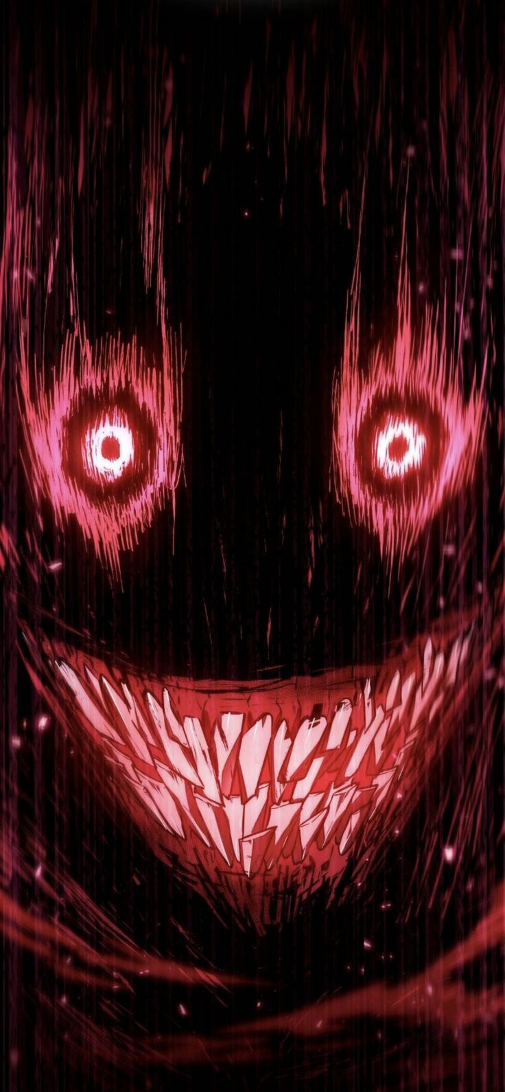 an evil looking face with red eyes and fangs on it's head, in the dark