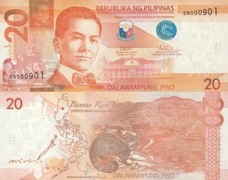 the philippines 20 peso bank note has been altered to look like an old one