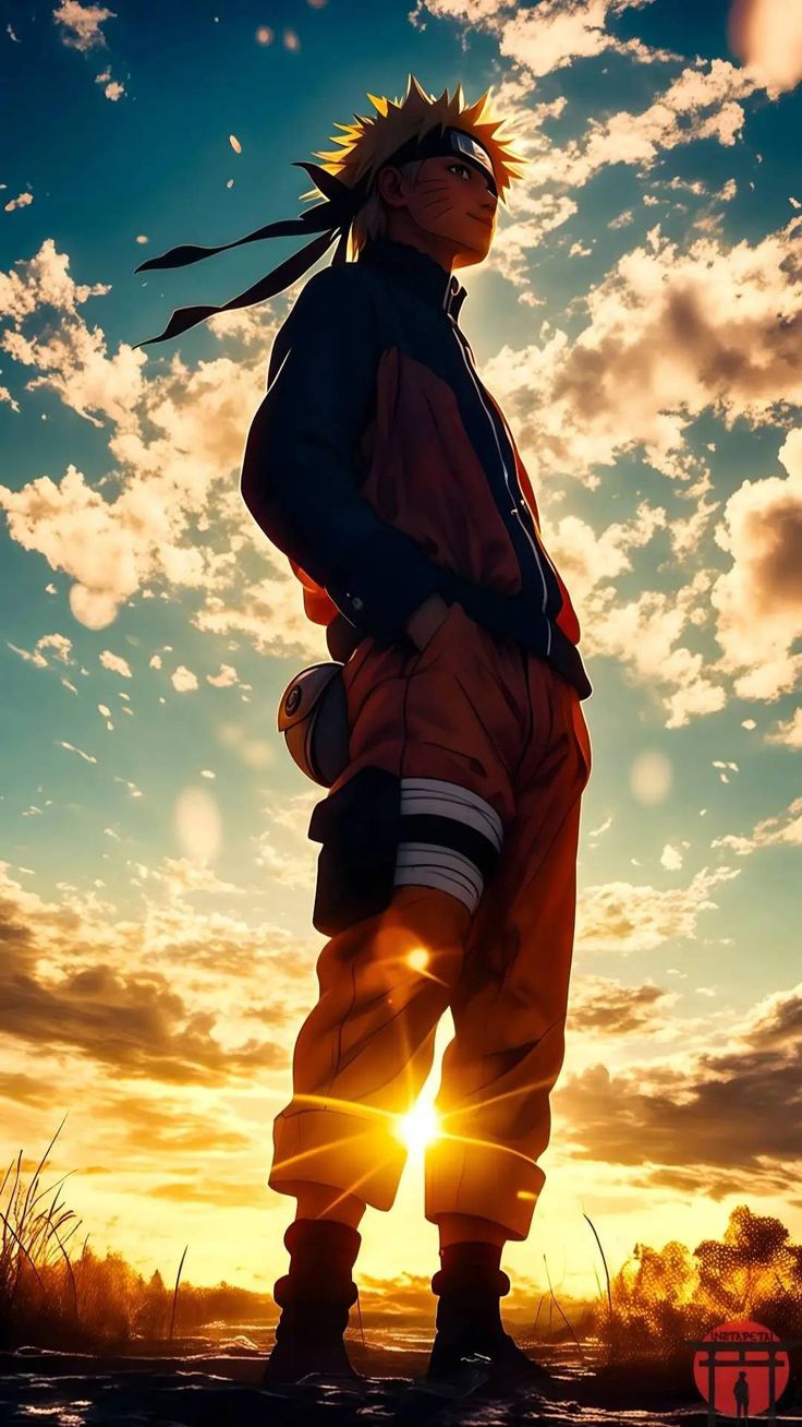 a man standing in front of the sun with his hands on his hips while wearing an orange and black outfit