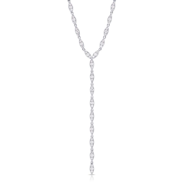 Design A gorgeous lariat decorated with marquis shapes. Wear it alone, or layer this piece with our choker chains to elongate this delicate look. Details & Dimensions - 3.00 carats- Adjustable 15" - 16" chain + 3 1/4" drop chain White Gold Lariat Necklace With Diamond Cut, White Gold Lariat Chain Necklace, White Gold Diamond Cut Lariat Necklace, Formal Diamond Cut Lariat Necklace, White Gold Lariat Backdrop Necklace With Adjustable Chain, Downtown Los Angeles, Fine Jewels, Jessica Alba, Gold Details