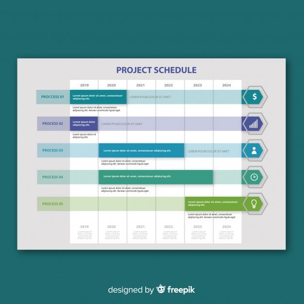 a project schedule is shown on a blue and green background, with arrows pointing in different directions