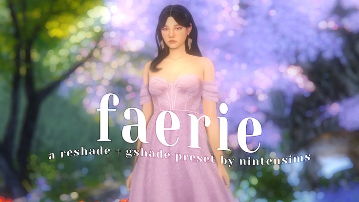 a woman in a pink dress standing next to trees and flowers with the words faerie above her