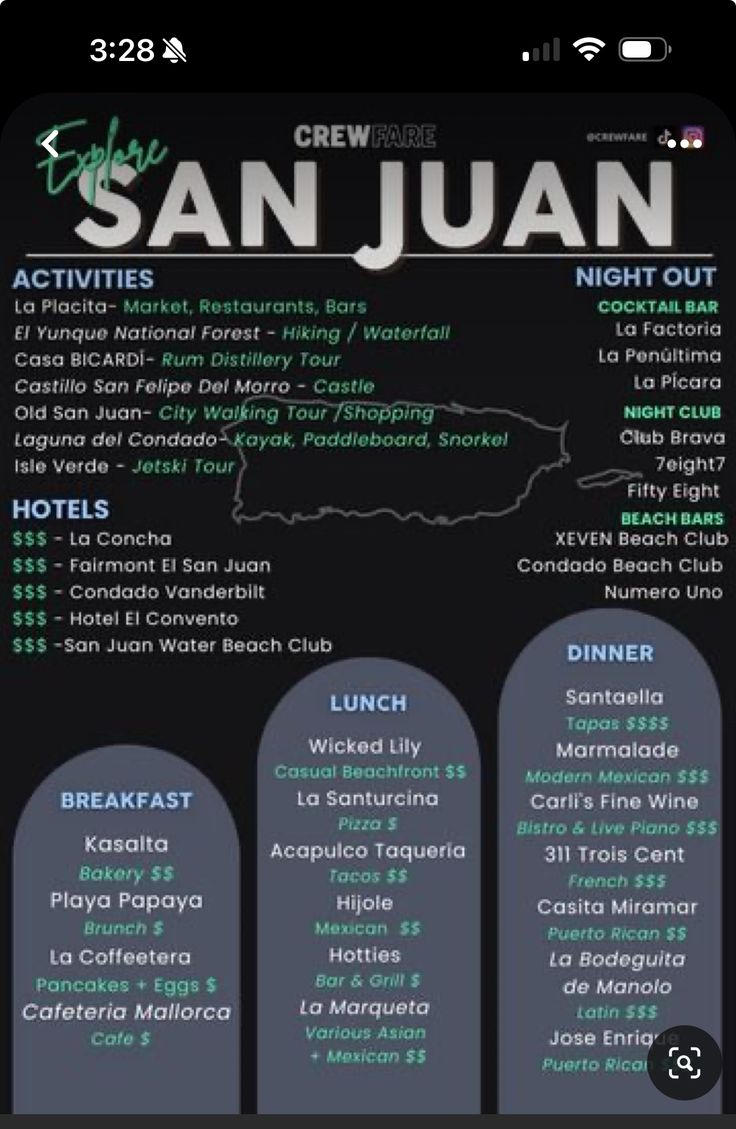 the menu for san juan is shown on an iphone screen, with text below it