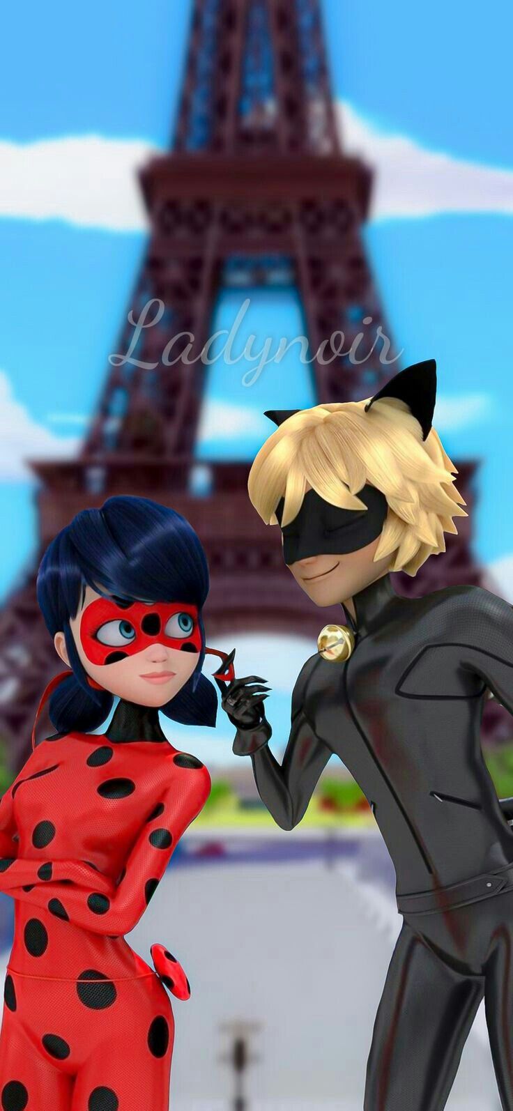 two cartoon characters are standing in front of the eiffel tower, one is dressed as a ladybug