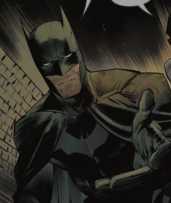 batman and catwoman standing in the rain with one hand on his chest, looking at each other