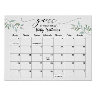 a calendar for the baby's birth is shown in white with green leaves on it