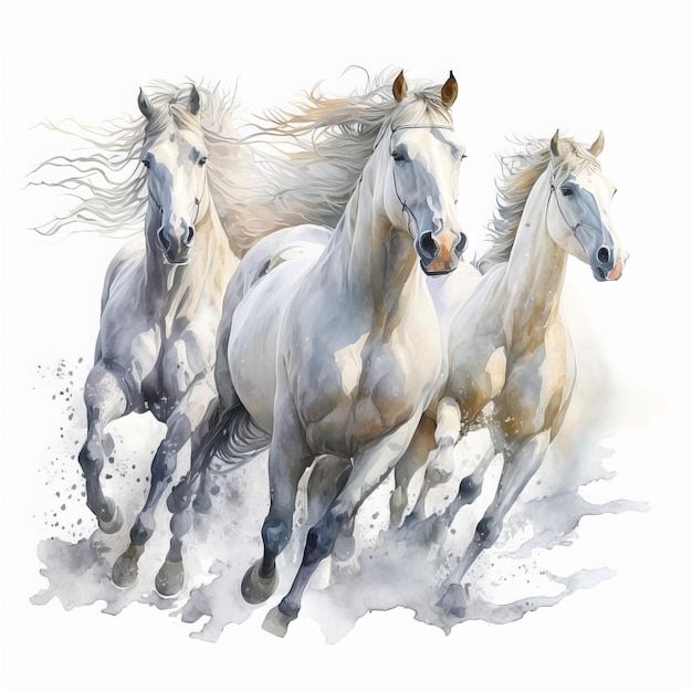 three white horses are running in the snow with their hair blowing in the wind as if they were galloping