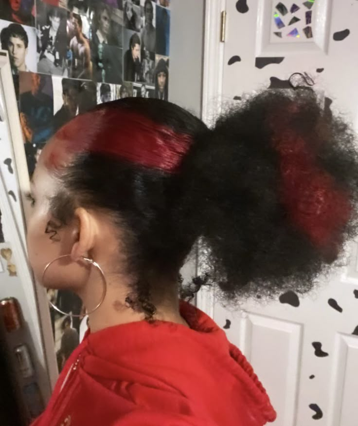 Hair Dye Combo Ideas, Black Hair Red Skunk Stripe, Dyed Hair For Black Women Red, Hairstyles For Skunk Stripe, Skunk Stripe And Peekaboo Hair, Red Skunk Stripe 4c Hair, Patch Dyed Hair, Skunk Stripe Peekaboo, Skunk Stripe With Peekaboo