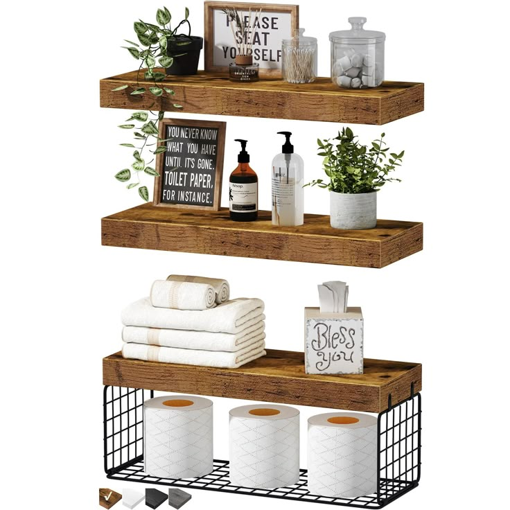 three wooden shelves with towels and other items on them