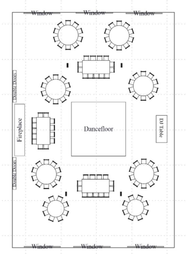 the floor plan for an event venue with tables and chairs, seating areas, and windows