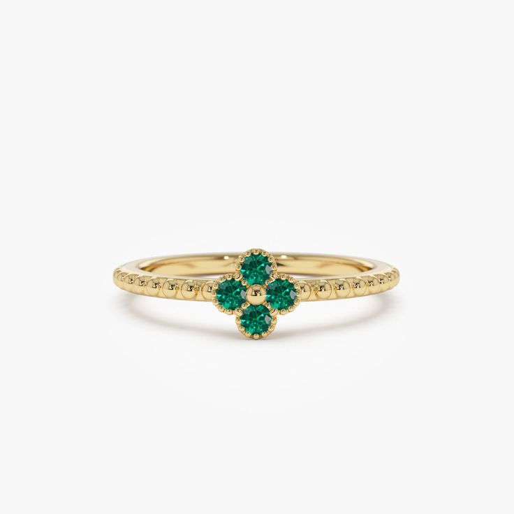 Emerald Ring / 14k Gold Emerald Clover Ring / Dainty Stacking Ring / Unique Emerald Trendy Ring / May Birthstone Birthday Gift ▶ Details   * Made to Order. * Gold KT: 14K Solid Gold (also available in 18K & Platinum upon request) * Custom Gold Color: Rose Gold, Yellow Gold, White Gold * Round Emeralds: 4 pcs x 2.0 MM  * Total CTW: 0.12 ctw * Ready to Ship in 3-10 Business Days ▶ See more of our Emerald Jewelry - https://etsy.me/3QCyZBQ  ▶ See our storefront here - http://etsy.me/2lUcVnH  ▶ All store sections here  Diamond Rings - http://etsy.me/2lwKUl8  * Diamond Earrings - http://etsy.me/2lyqVBP  * Diamond Necklace - http://etsy.me/2mqa6O1  * Diamond Bracelets - http://etsy.me/2mVrAB5  * Diamond Wedding Rings - https://etsy.me/3YbpVq2  * Gold Wedding Band - https://etsy.me/3X3uf9F  * Gold 14k Gold Birthstone Cluster Ring, Green 14k Gold Rings For Anniversary, Anniversary Emerald Cluster Ring With Birthstone, Fine Jewelry Cluster Ring With May Birthstone For Anniversary, Cluster Halo Ring In Yellow Gold For Gift, May Birthstone Cluster Ring For Anniversary, Emerald Cluster Ring In Yellow Gold For Promise, Green 14k Gold Cluster Ring For Anniversary, Yellow Gold Cluster Ring With Accent Stones For Promise