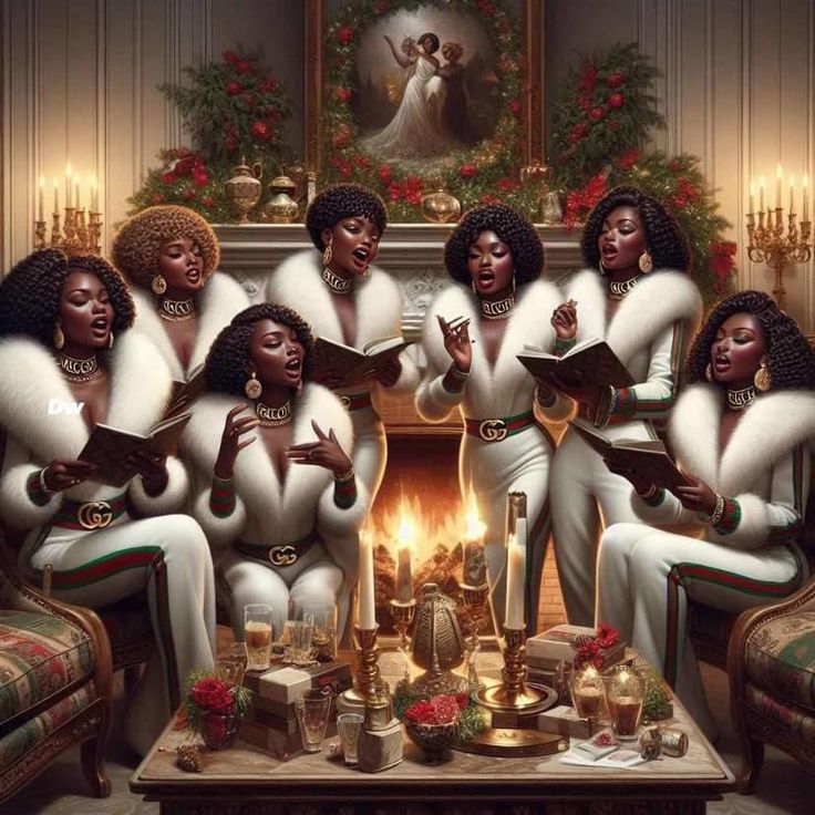 a group of women sitting around a fire place in front of a christmas tree with candles