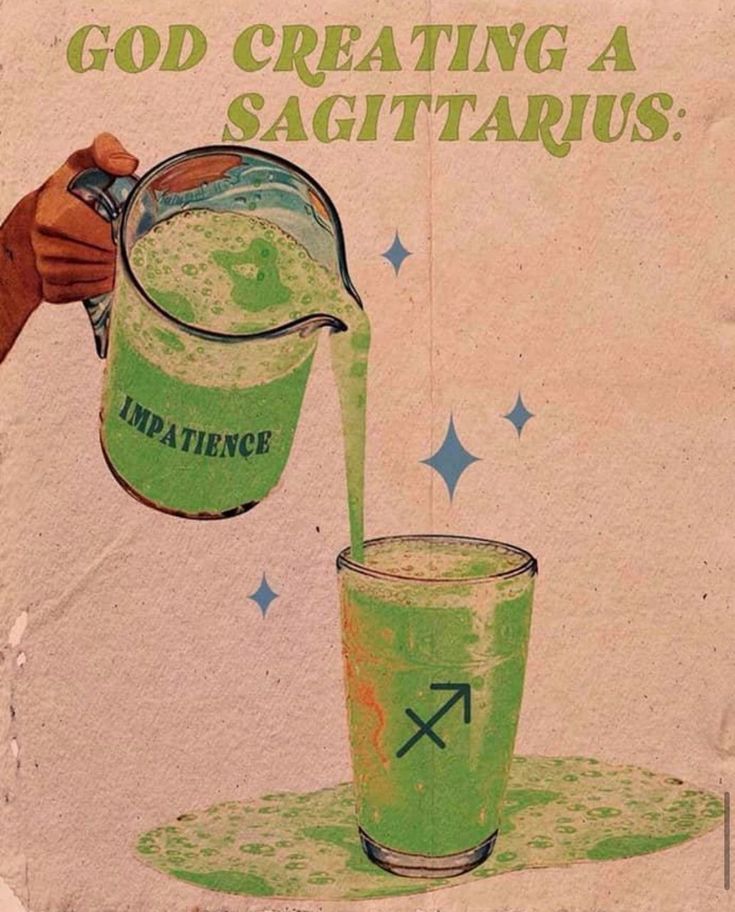 a hand pouring green liquid into a cup with the words god creating a sagitaruus written on it