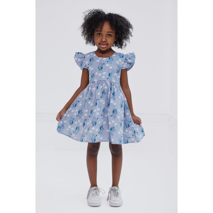 Your little girl is ready to play in this cute Bluey dress! This stylish skater dress features pretty flutter sleeves, a cutout back with a bow design, and an awesome all-over print of Bluey and daisies that your child will be excited to wear. Soft and comfortable, this fashionable Bluey chambray dress is the perfect outfit for a day of fun and adventure! Spring Flutter Sleeve Twirl Dress For Playdate, Summer Blue Twirl Dress For Playdate, Blue Twirl Dress For Summer Playdate, Blue Summer Twirl Dress For Playwear, Blue Twirl Dress For Summer Playwear, Casual Flutter Sleeve Twirl Dress For Playtime, Fitted Flutter Sleeve Twirl Dress For Playdate, Cute Blue Twirl Dress For Summer, Short Sleeve Twirl Dress With Ruffles For Playwear