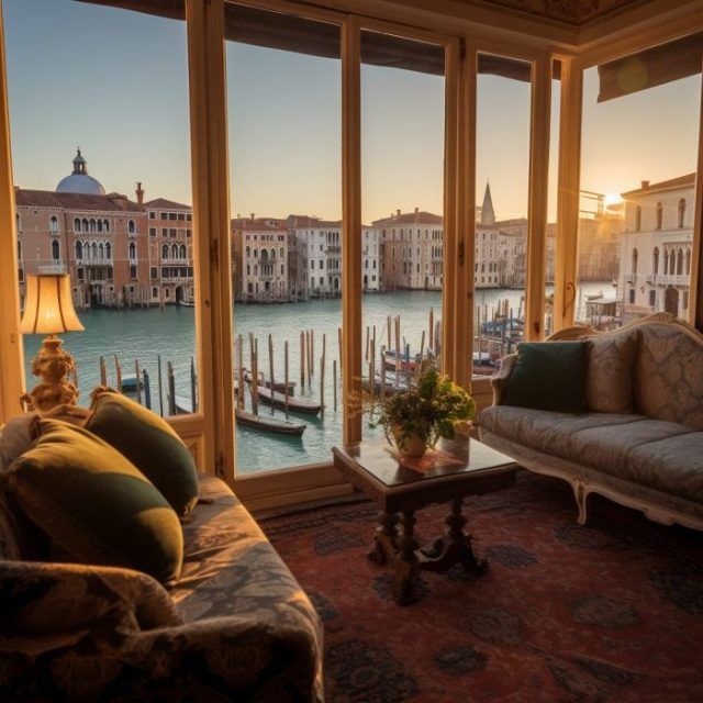 a living room filled with furniture next to a large window covered in lots of windows