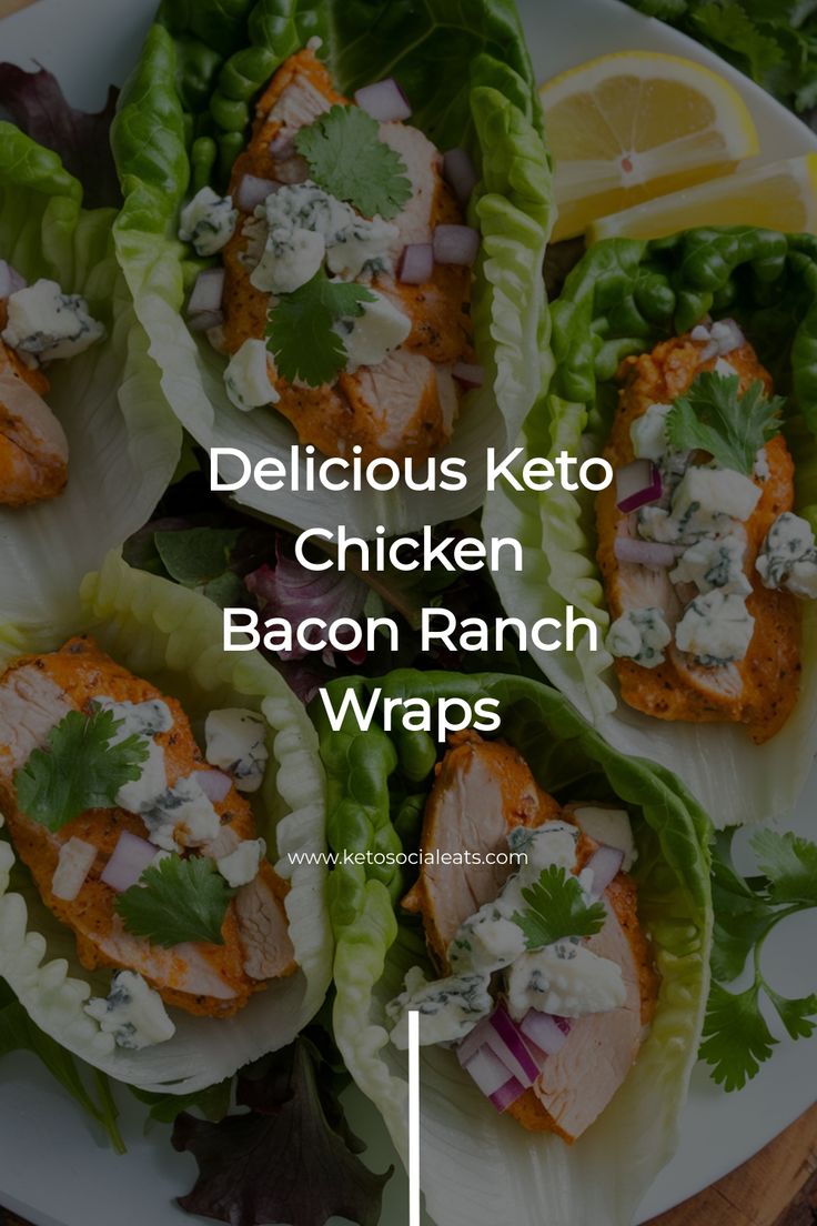 Keto chicken bacon ranch wraps on lettuce leaves with blue cheese and cilantro.