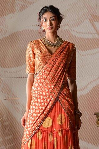 Rust orange banarasi georgette pre-draped sharara saree with circular motifs embroidery. Comes with a banarasi brocade blouse with cutdana hand work. - Aza Fashions Silk Bollywood Draped Sharara, Navratri Draped Choli For Reception, Silk Draped Traditional Wear, Navratri Reception Draped Choli, Traditional Silk Draped Wear, Traditional Unstitched Draped Sets, Traditional Draped Cutdana Blouse Piece, Draped Art Silk Sets With Dupatta, Traditional Draped Blouse Piece With Cutdana