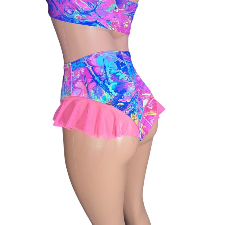 Ruffle Bikini Bottom High-Waisted Cheeky Hot Pants in Rainbow Vapor - Peridot Clothing Flirty Bottoms With Built-in Shorts And Stretch, Fitted Disco Swimwear For Club, Disco Style Fitted Swimwear For Club, Fitted Party Bottoms With Built-in Shorts, Fitted High Waist Shorts For Club, Fitted High Waist Club Shorts, High Waist Fitted Bottoms For Festival, Rave Swimwear With Stretch For Party, Stretch Rave Swimwear For Party