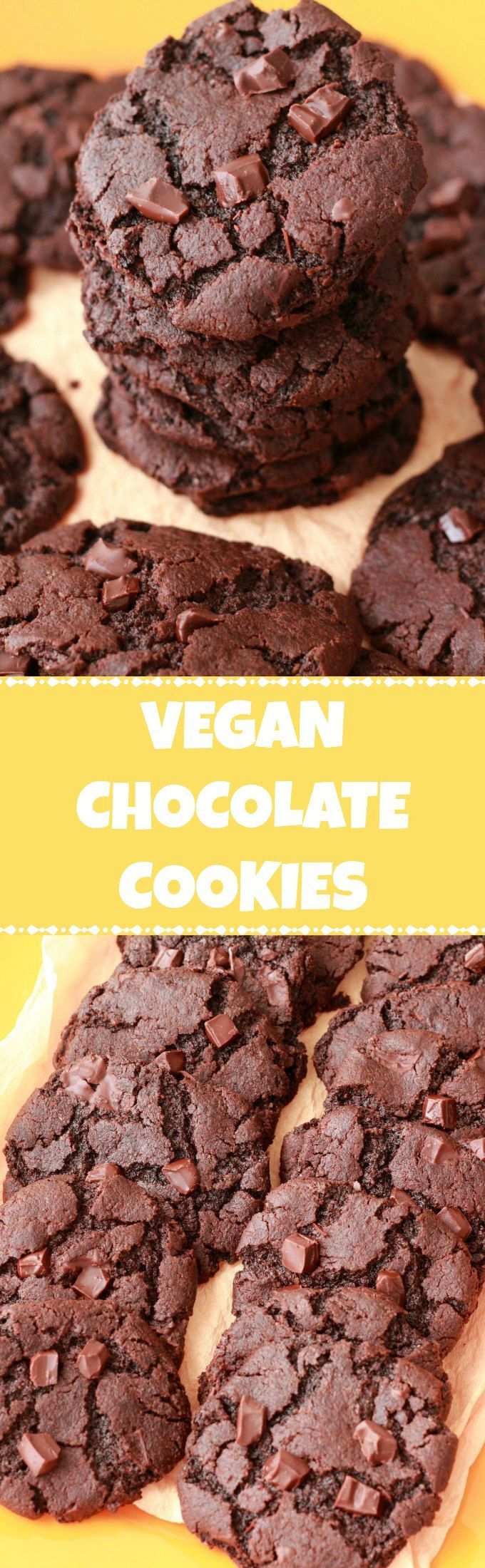 chocolate cookies are stacked on top of each other with the words vegan chocolate cookies above them