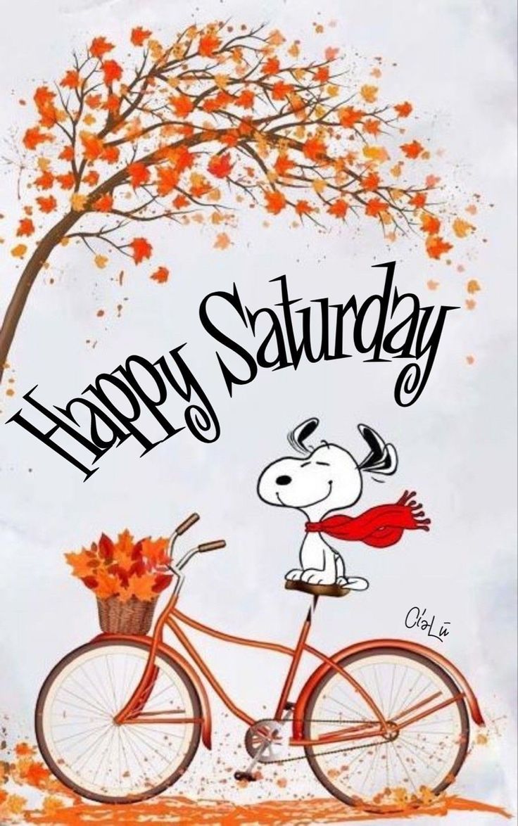 a happy saturday card with a cartoon dog riding a bike and holding a basket full of autumn leaves