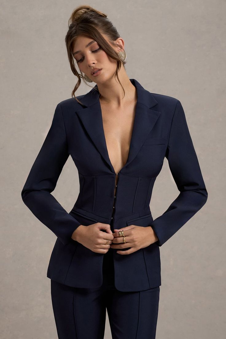 Unbeaten Navy Fitted Corset Blazer Jacket – Club L London - USA Corset Fastening, Tailored Blazer Women, Corset Blazer, Estilo Kardashian, Black Tie Gala, Jackets Uk, Fitted Jacket, Party Dress Long Sleeve, Blazer Shirt