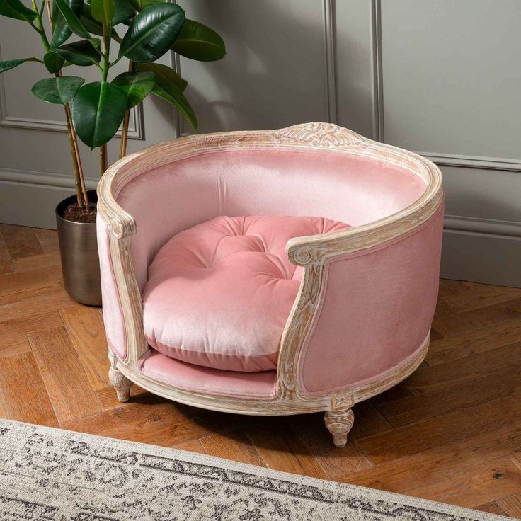 a pink chair sitting on top of a wooden floor next to a potted plant