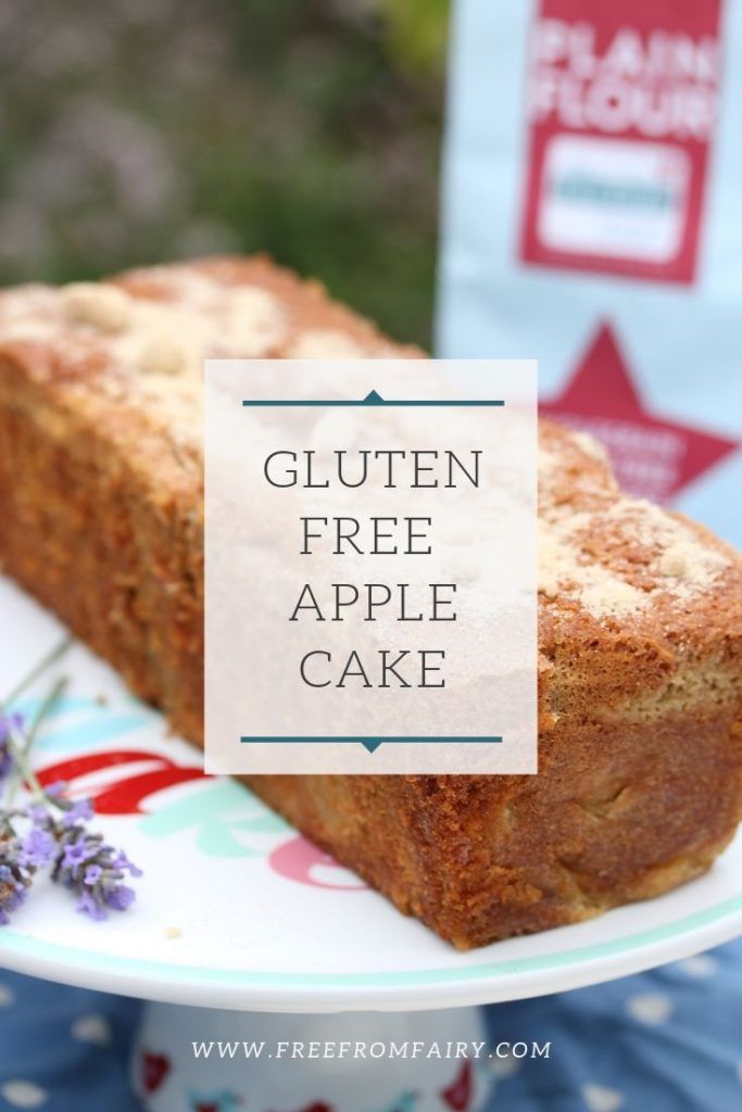 a piece of gluten free apple cake on a plate with a sign that says gluten free apple cake